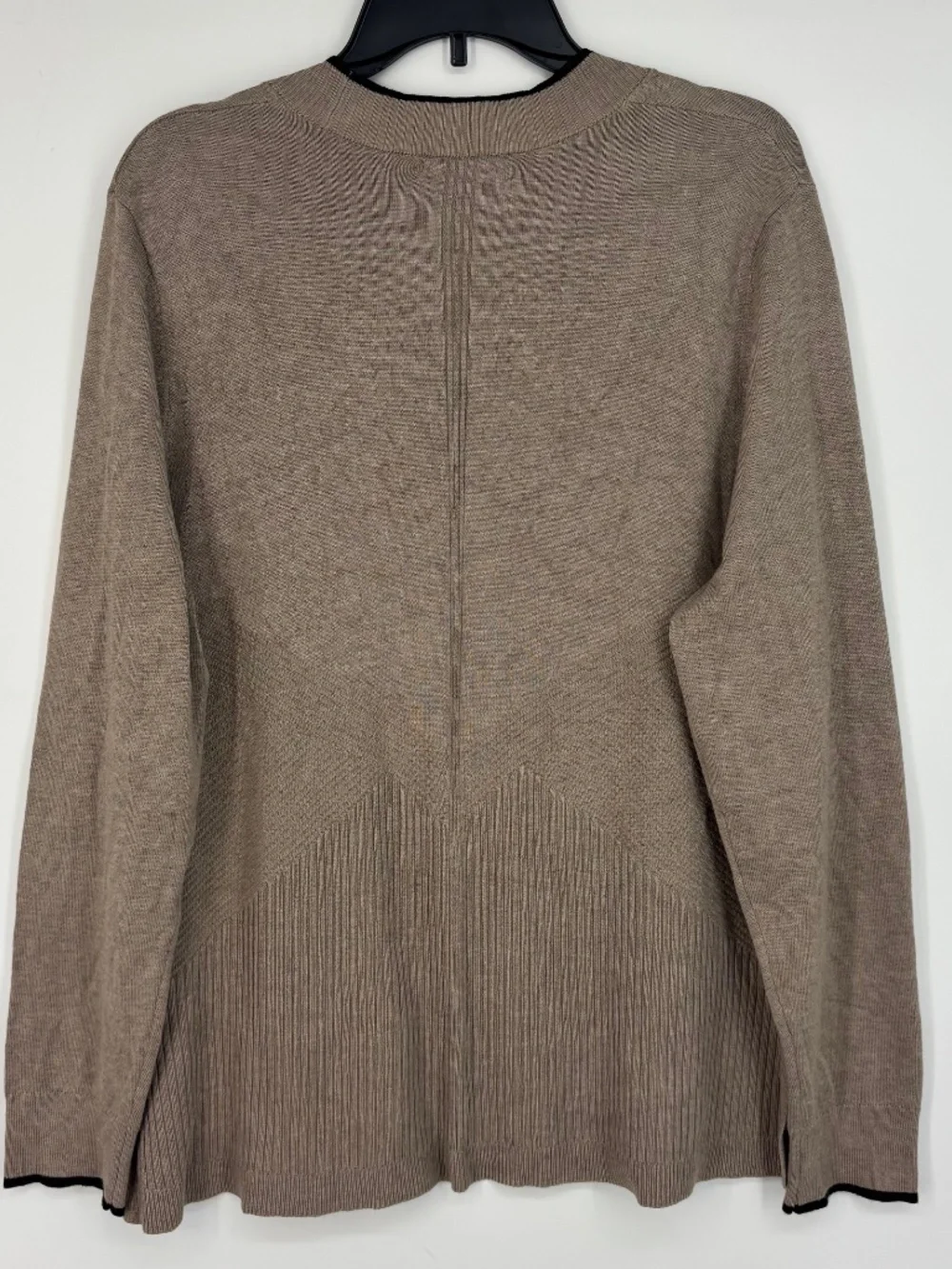89th & Madison Womens XL Open Front Cardigan Sweater Taupe Heather Black Trim LS